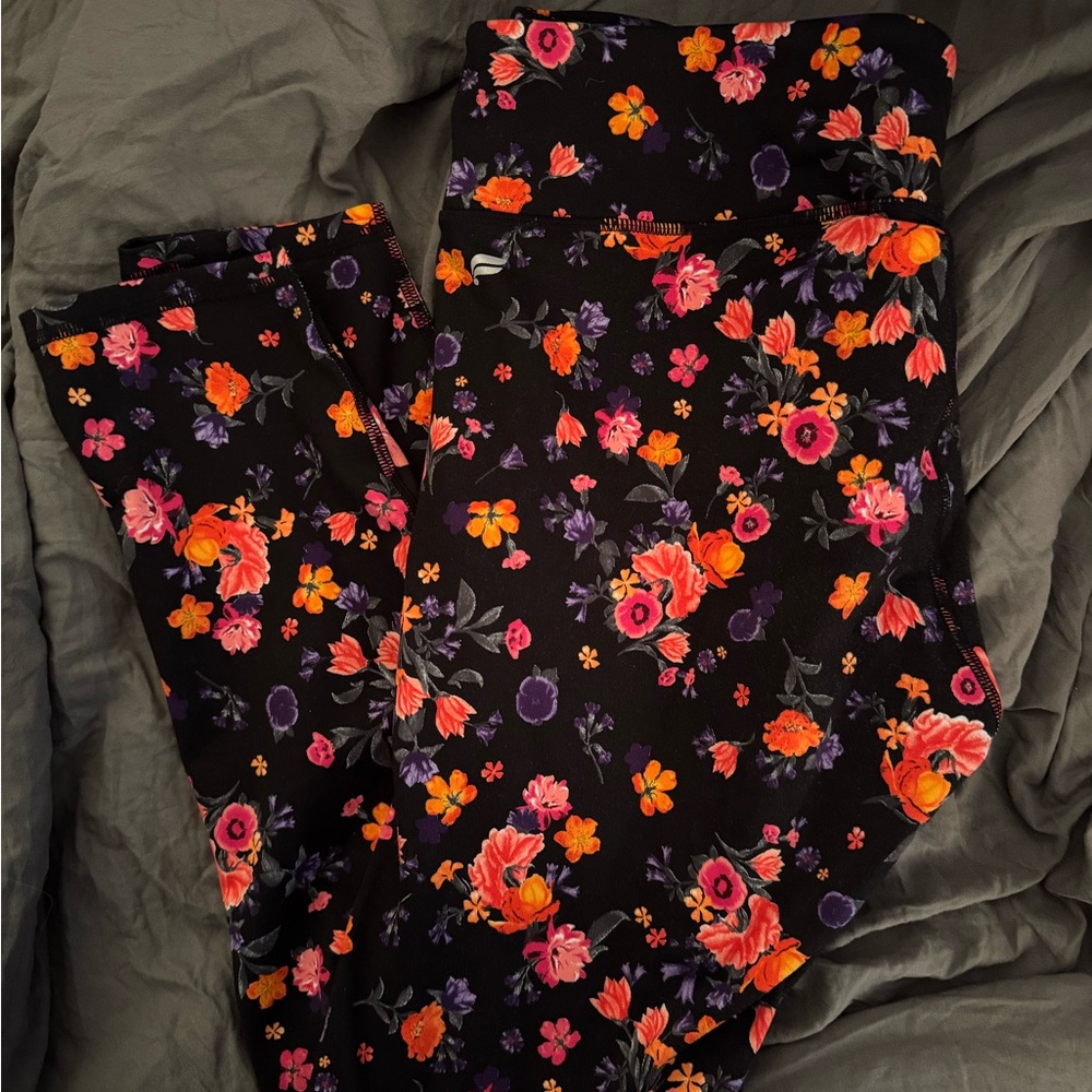 Fabletics Black Leggings with Orange, Pink & Purple Floral Print